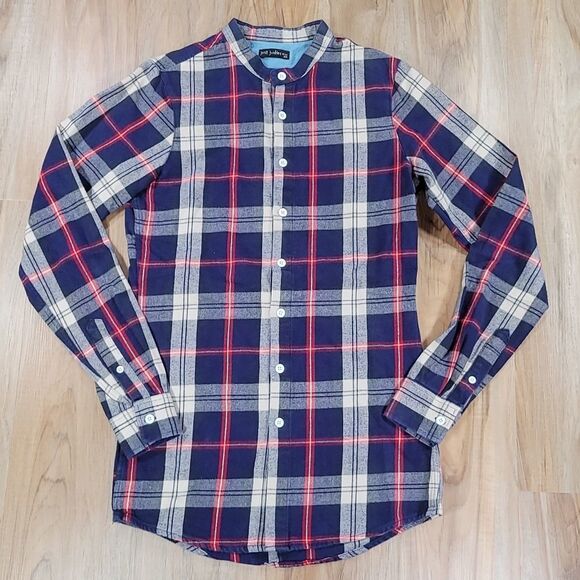 🔺️Just Junkies Navy & Red Plaid Flannel Long Sleeve Buttoned Shirt XSmall - Picture 1 of 11